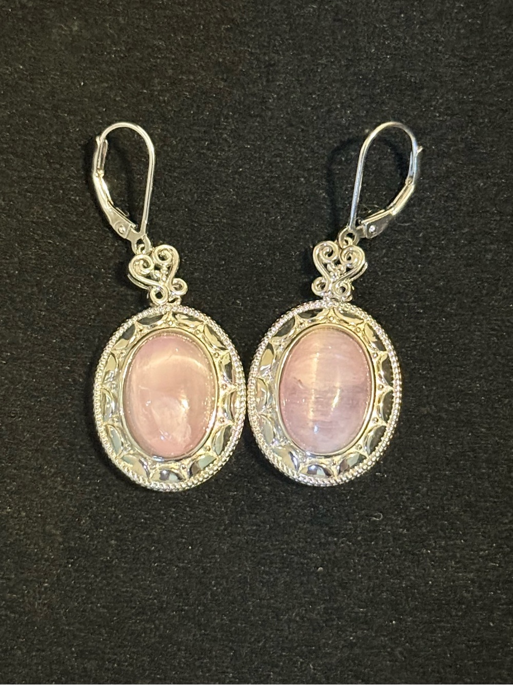 NWT STERLING SILVER Pink Marbled gemstone oval drop earrings w butterfly accent